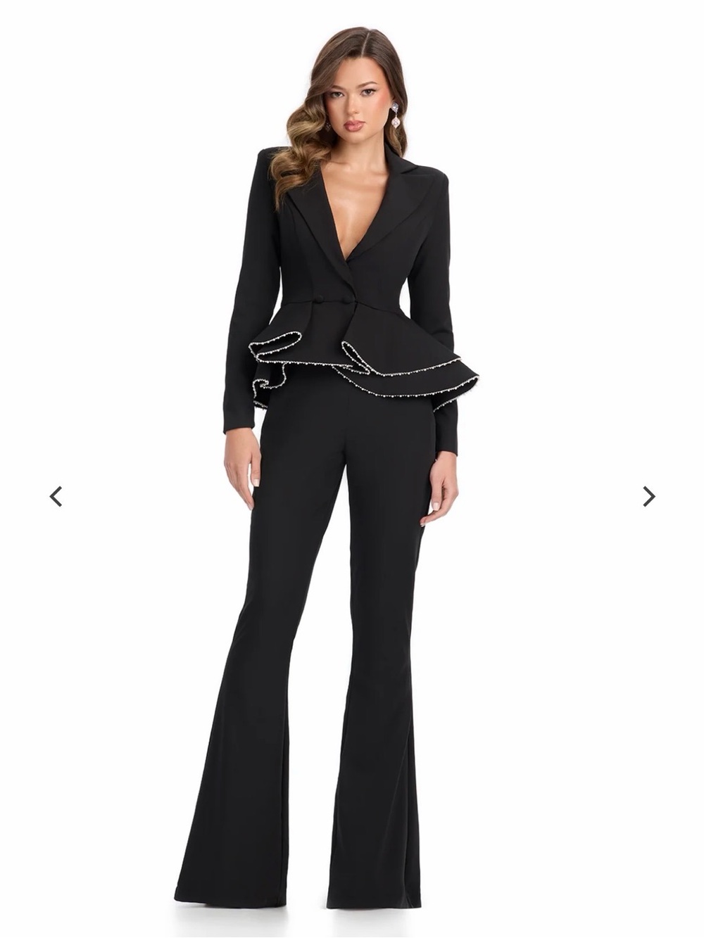 Ashley Lauren Black Pageant Interview Suit syle 11972 Black Peplum Jacket Pearls